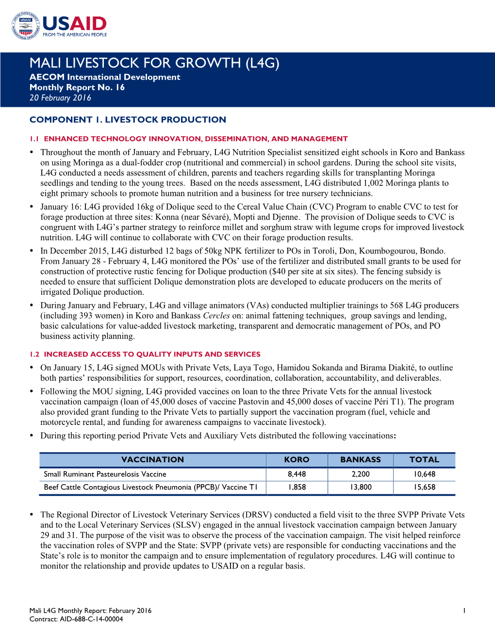 MALI LIVESTOCK for GROWTH (L4G) AECOM International Development