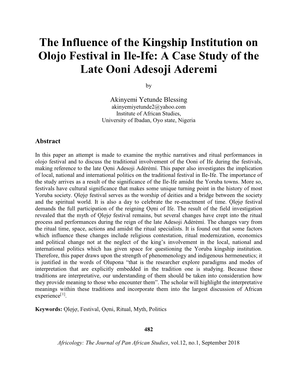 The Influence of the Kingship Institution on Olojo Festival in Ile-Ife: a Case Study of the Late Ooni Adesoji Aderemi