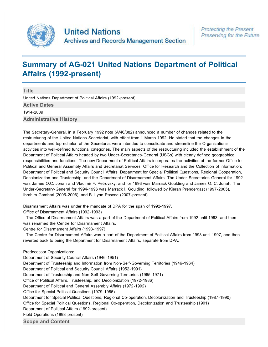 Summary of AG-021 United Nations Department of Political Affairs (1992-Present)