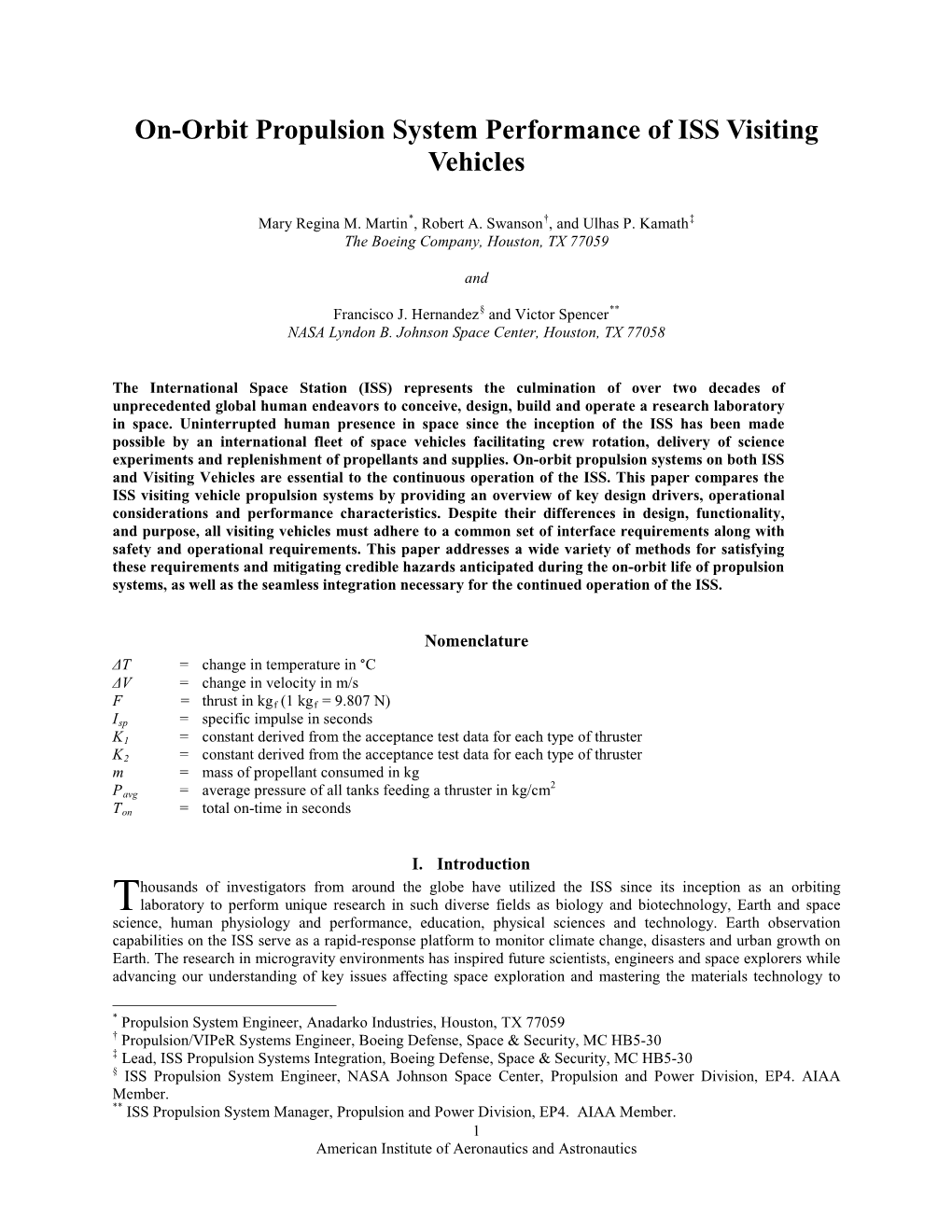 On-Orbit Propulsion System Performance of ISS Visiting Vehicles