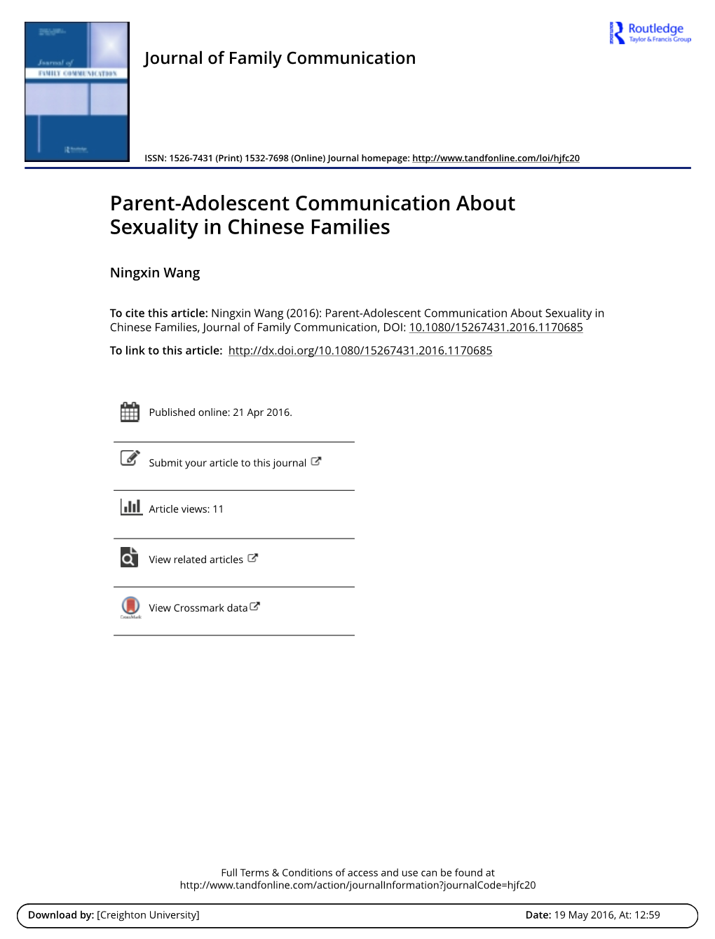 Parent-Adolescent Communication About Sexuality in Chinese Families