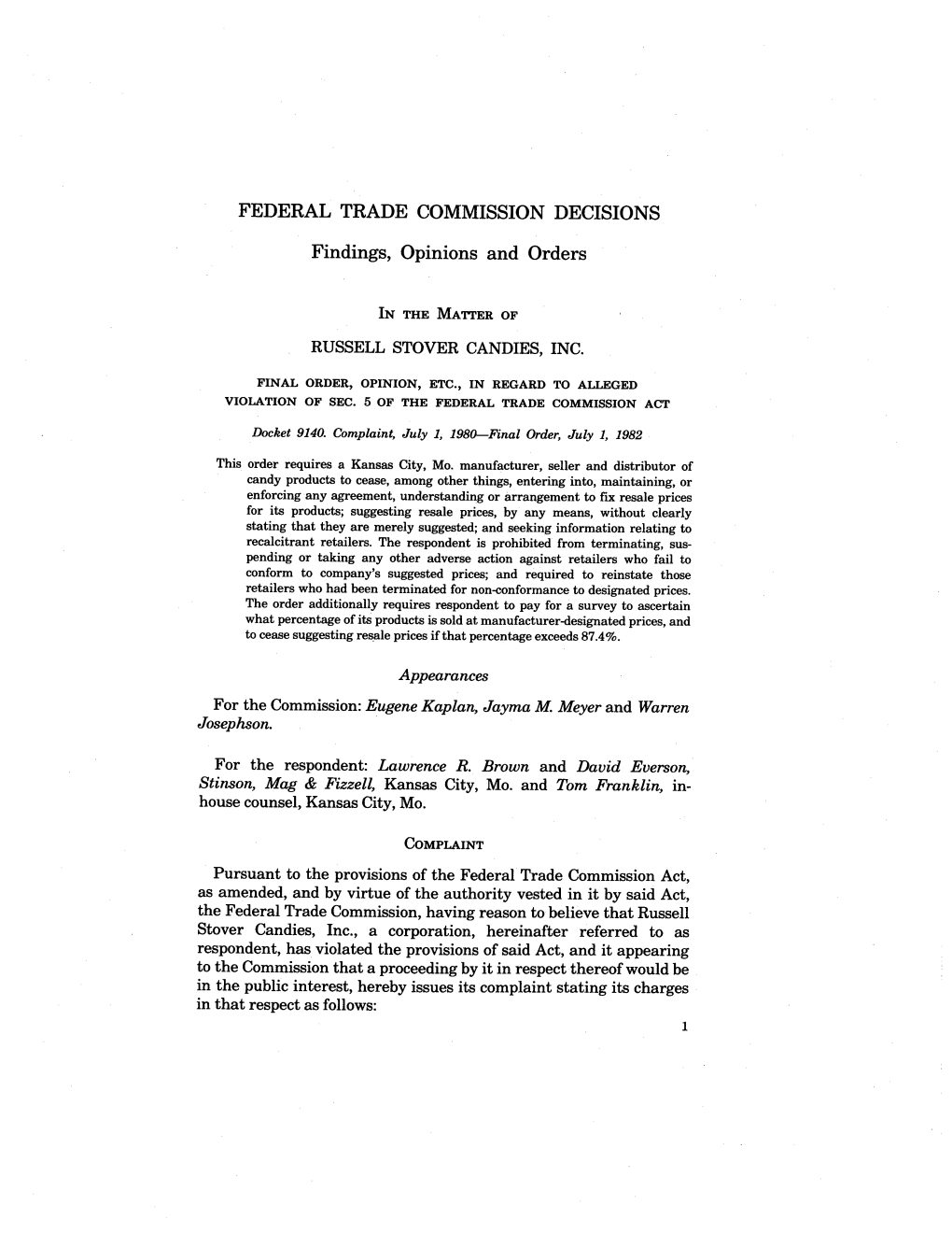 Federal Trade Commission Volume Decision