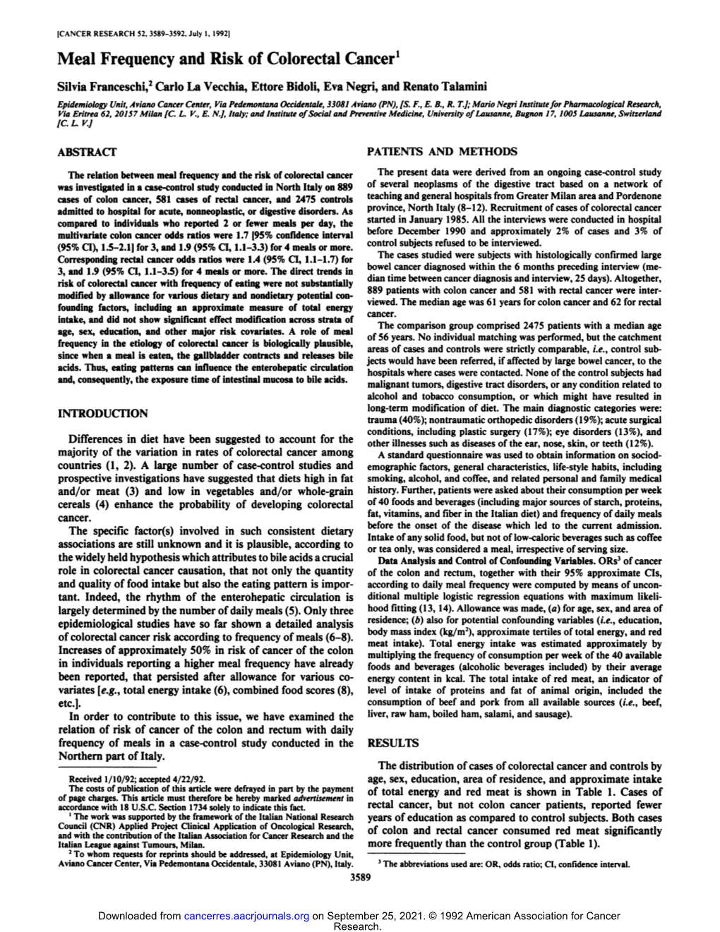 Meal Frequency and Risk of Colorectal Cancer1