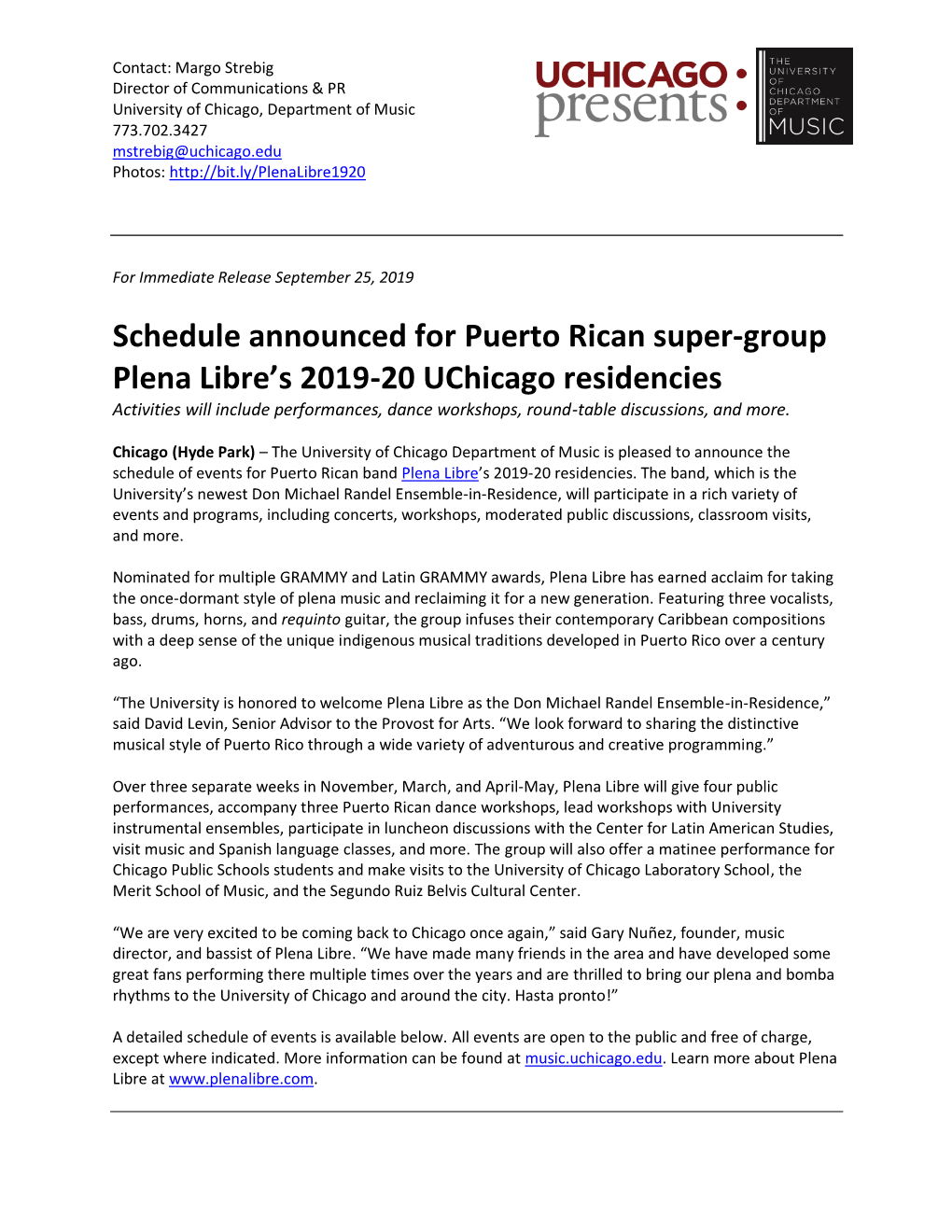 Schedule Announced for Puerto Rican Super-Group Plena Libre's 2019-20