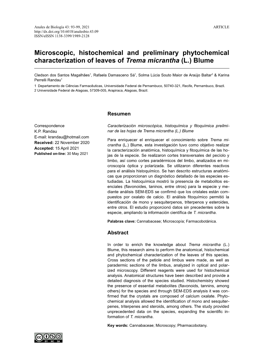 Microscopic, Histochemical and Preliminary Phytochemical Characterization of Leaves of Trema Micrantha (L.) Blume