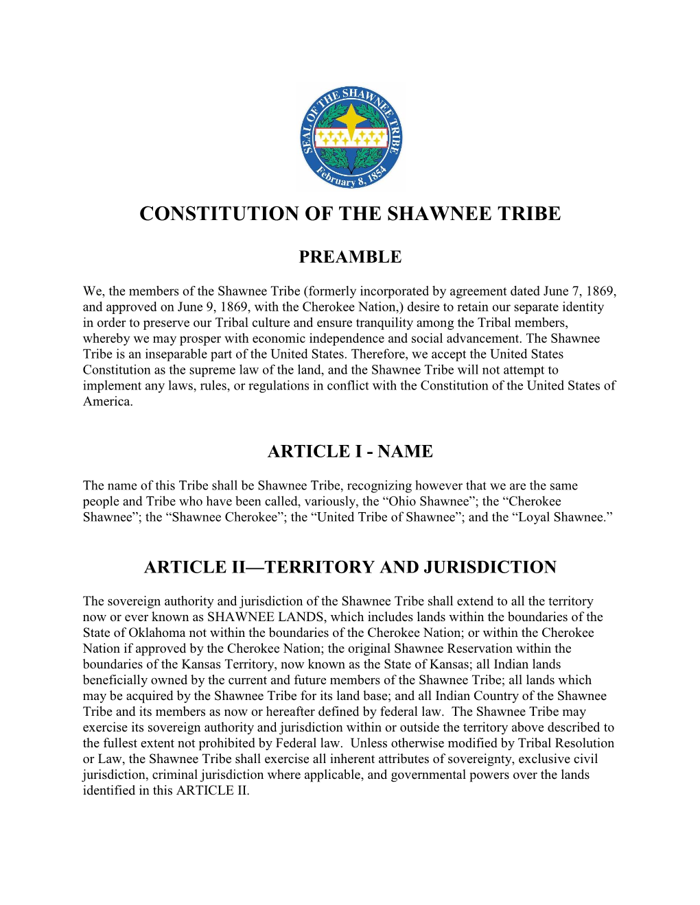 Constitution of the Shawnee Tribe