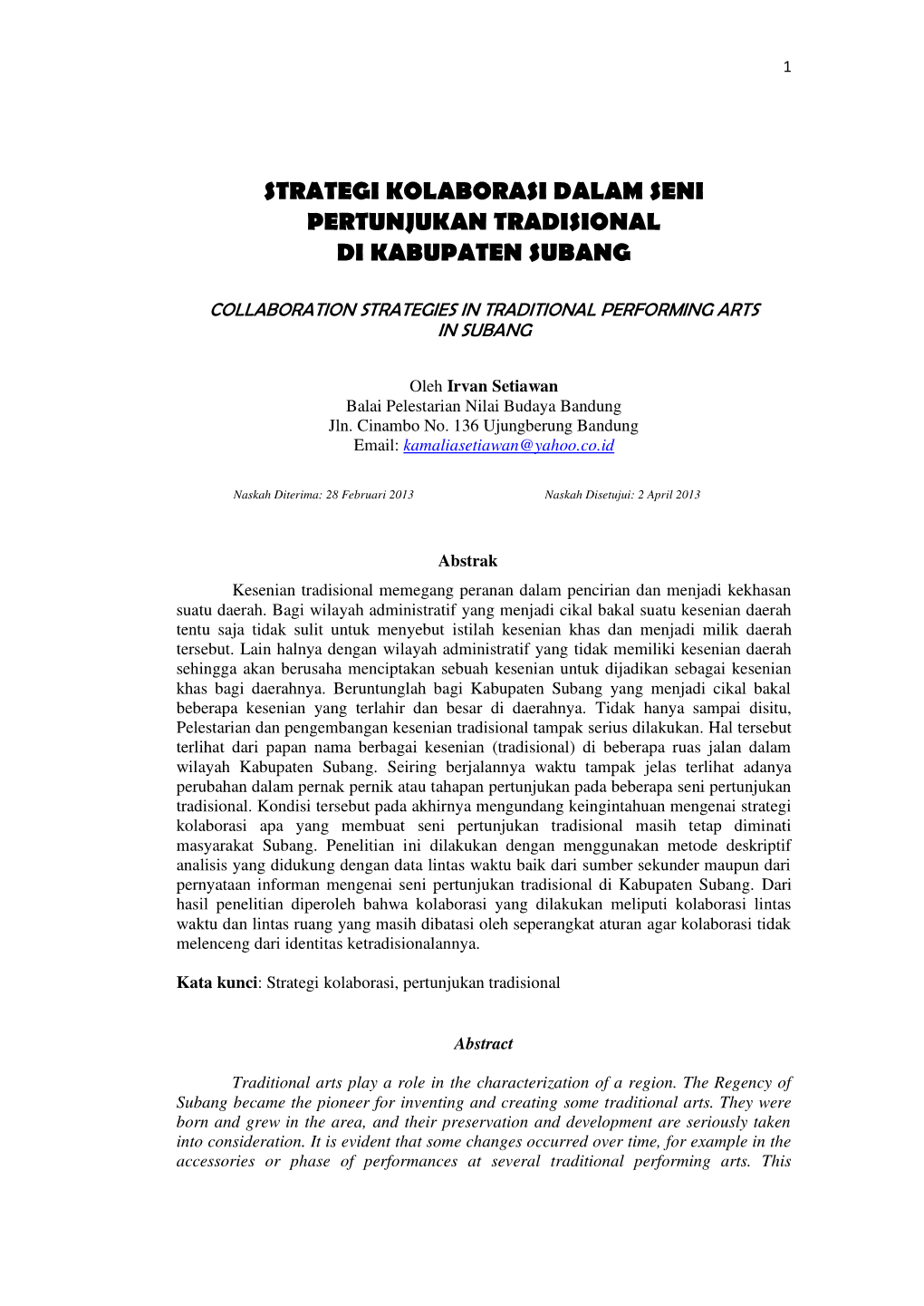 Strategi Kolaborasi Dalam Seni Pertunjukan Tradisional Di Kabupaten Subang