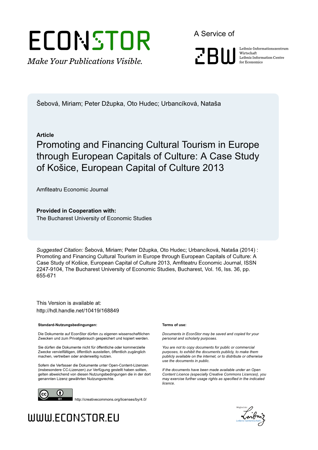 Promoting and Financing Cultural Tourism in Europe Through European Capitals of Culture: a Case Study of Košice, European Capital of Culture 2013