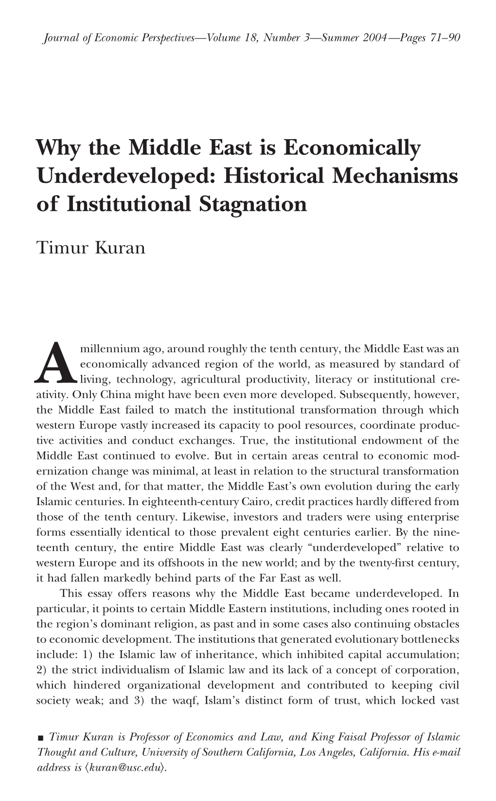 Why the Middle East Is Economically Underdeveloped: Historical Mechanisms of Institutional Stagnation