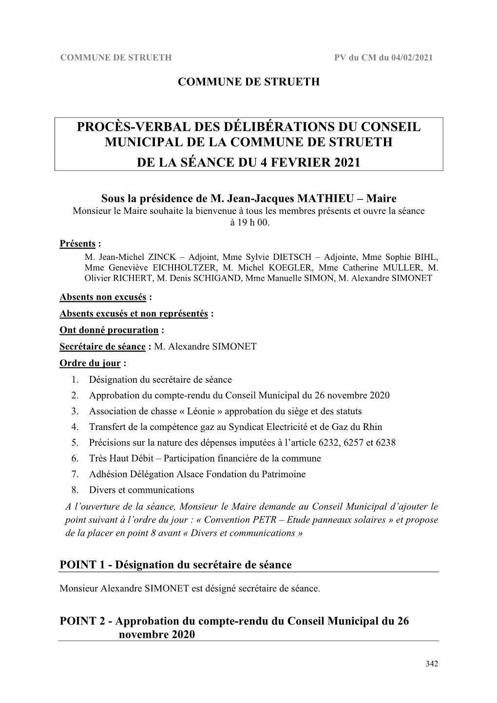 Procès-Verbal Des Délibérations Du Conseil Municipal De La Commune De Strueth De La Séance Du 4 Fevrier 2021