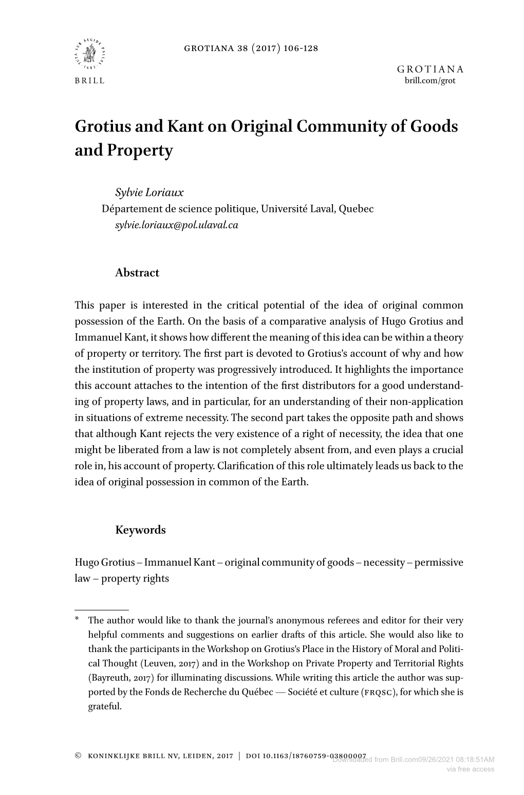 Grotius and Kant on Original Community of Goods and Property