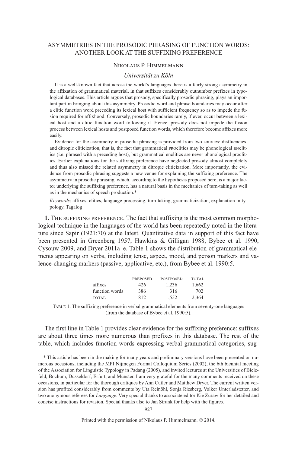 ASYMMETRIES in the PROSODIC PHRASING of FUNCTION WORDS: ANOTHER LOOK at the SUFFIXING PREFERENCE Nikolaus P