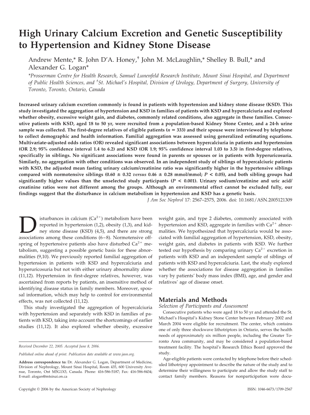 High Urinary Calcium Excretion and Genetic Susceptibility to Hypertension and Kidney Stone Disease