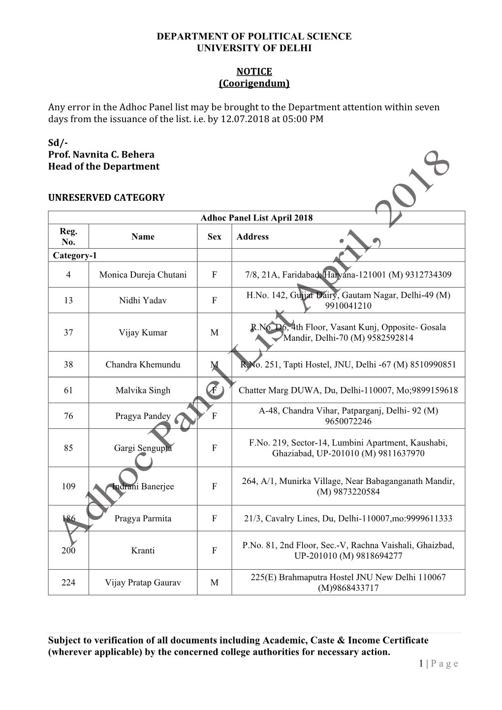 Department of Political Science University of Delhi