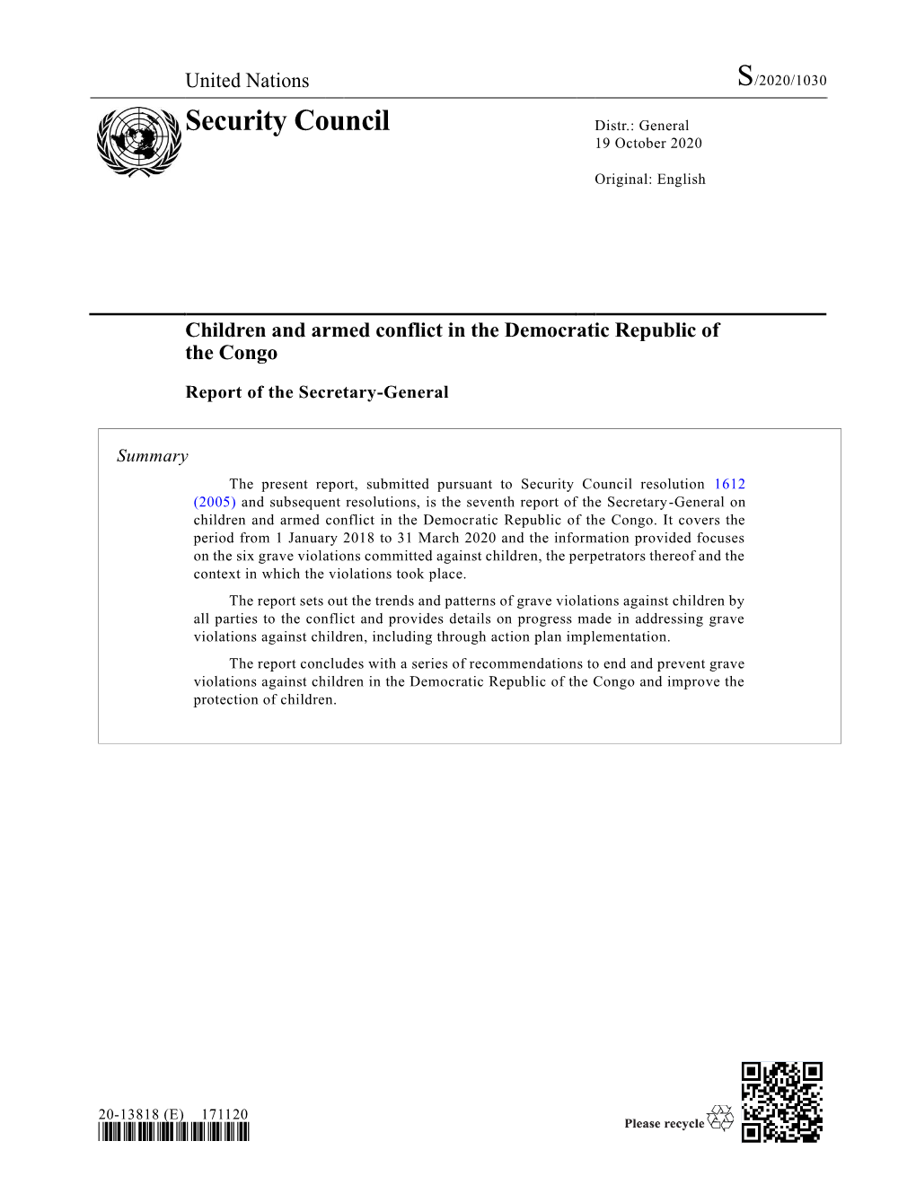 UN Security Council, Children and Armed Conflict in the DRC, Report of the Secretary General, October