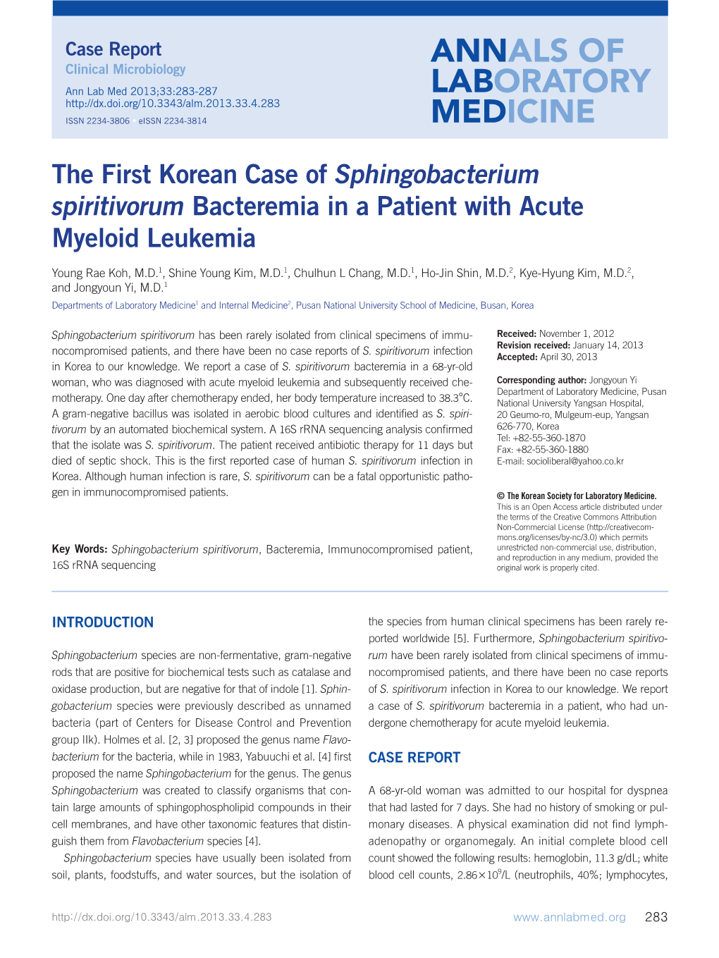 The First Korean Case of Sphingobacterium Spiritivorum Bacteremia in a Patient with Acute Myeloid Leukemia