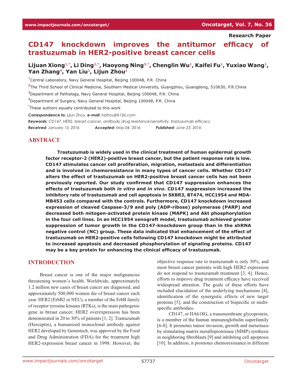 CD147 Knockdown Improves the Antitumor Efficacy of Trastuzumab in HER2-Positive Breast Cancer Cells