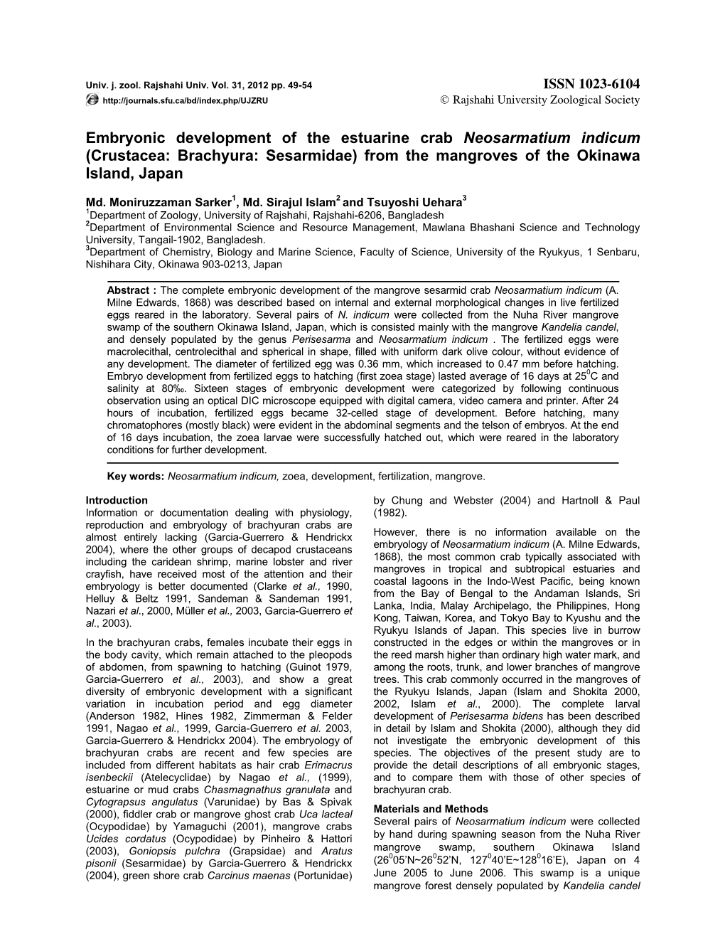 Embryonic Development of the Estuarine Crab Neosarmatium Indicum (Crustacea: Brachyura: Sesarmidae) from the Mangroves of the Okinawa Island, Japan