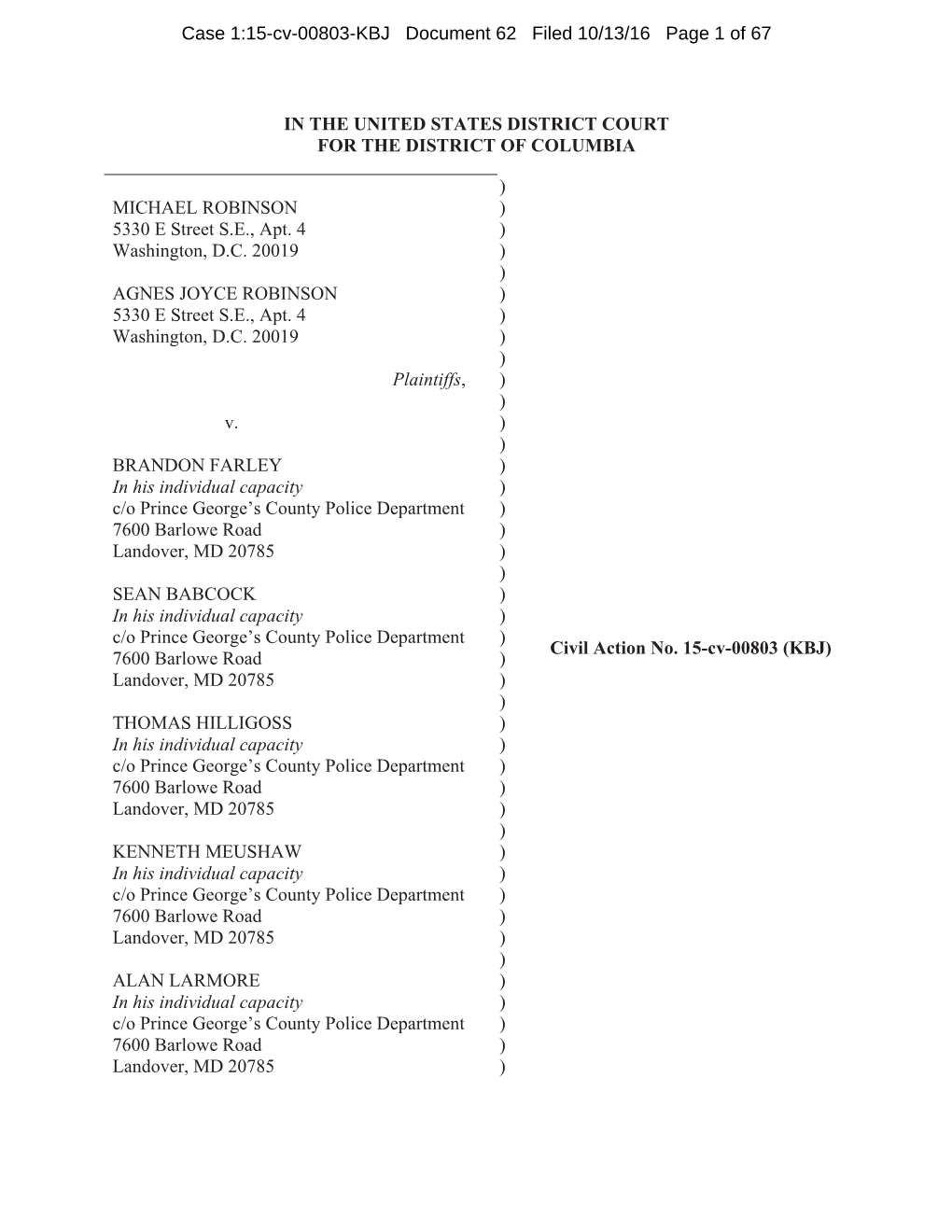 Case 1:15-Cv-00803-KBJ Document 62 Filed 10/13/16 Page 1 of 67