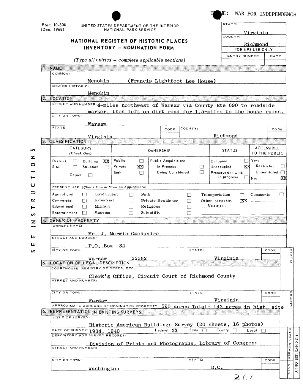 NOMINATION FORM for NPS USE ONLY ENTRY NUMBER DATE (Type All Entries - Complete Applicable Sections )