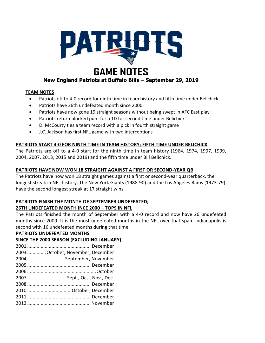 Patriots at Philadelphia Game Notes