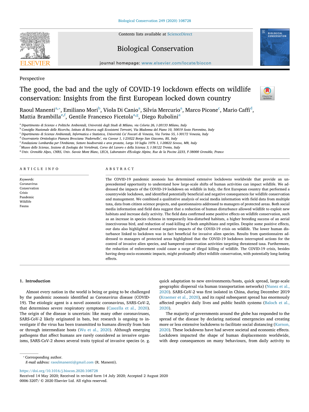 The Good, the Bad and the Ugly of COVID-19 Lockdown Effects on Wildlife Conservation Insights from the First European Locked Do