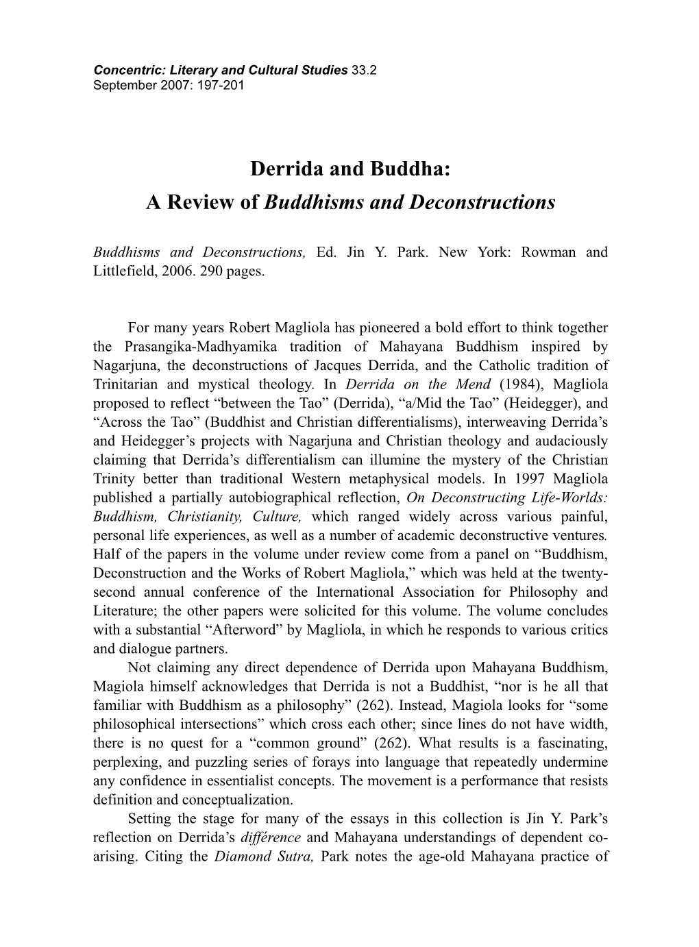 Derrida and Buddha: a Review of Buddhisms and Deconstructions