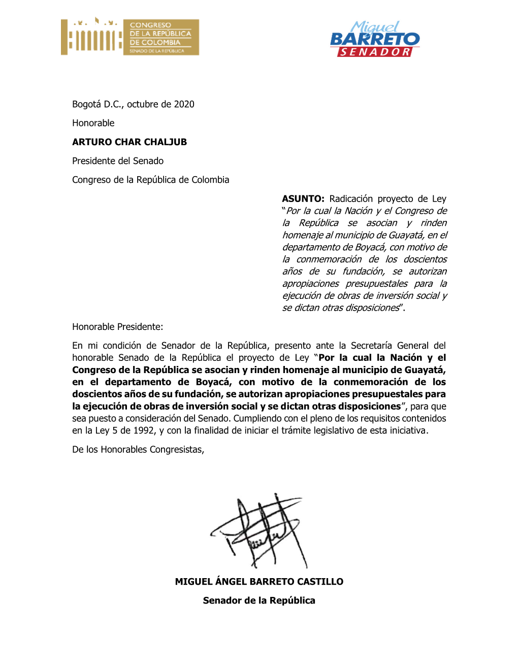 Por La Cual La Nación Y El Congreso De La República Se Asocian Y Rinden Homenaje Al Municipio De Guayatá, En El Departamen