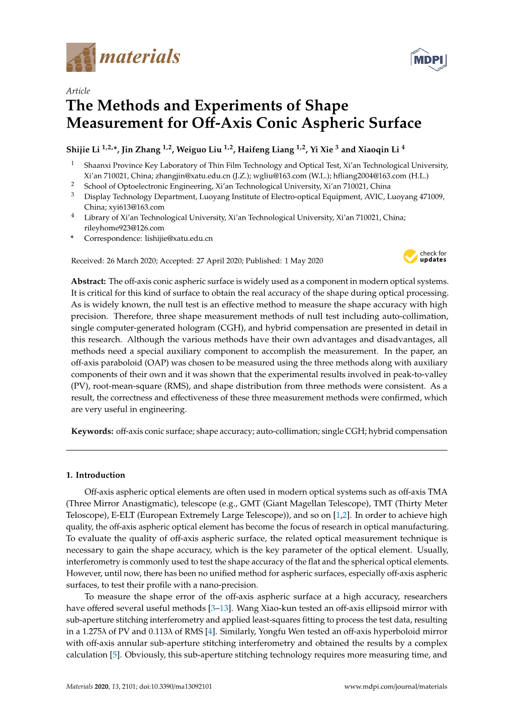 The Methods and Experiments of Shape Measurement for Off-Axis