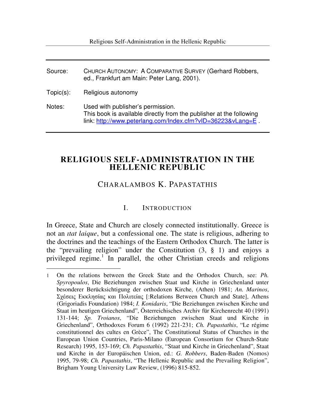 Religious Self-Administration in the Hellenic Republic