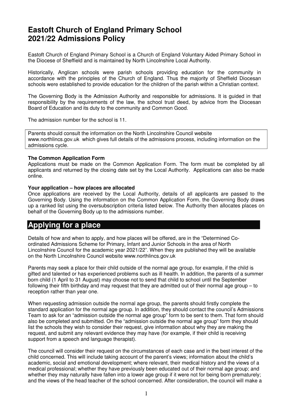 Eastoft Church of England Primary School 2021/22 Admissions Policy