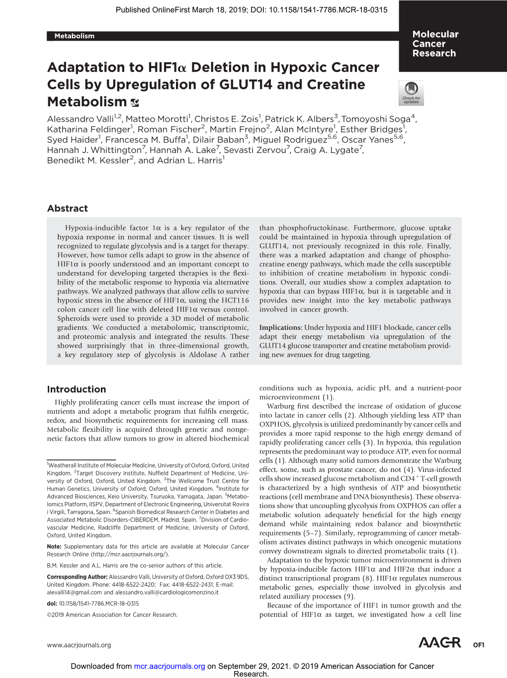 Adaptation to Hif1α Deletion in Hypoxic Cancer Cells by Upregulation of GLUT14 and Creatine Metabolism