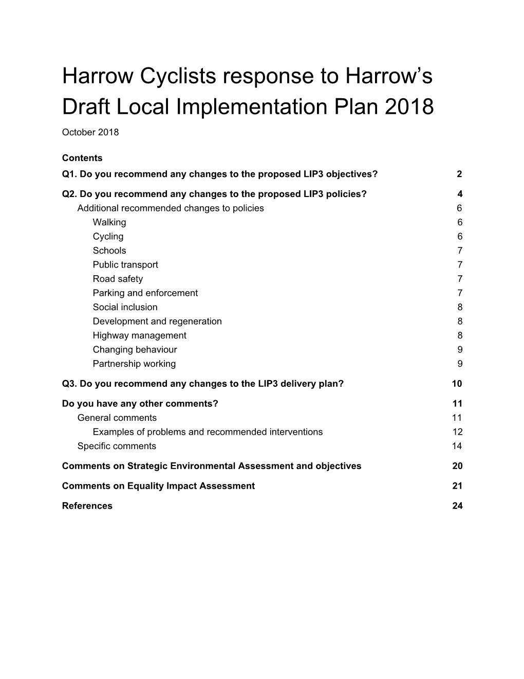 Harrow Cyclists Response to Harrow's Draft Local Implementation Plan 2018