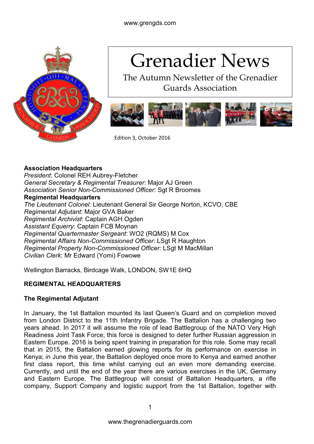 Grenadier News the Autumn Newsletter of the Grenadier Guards Association