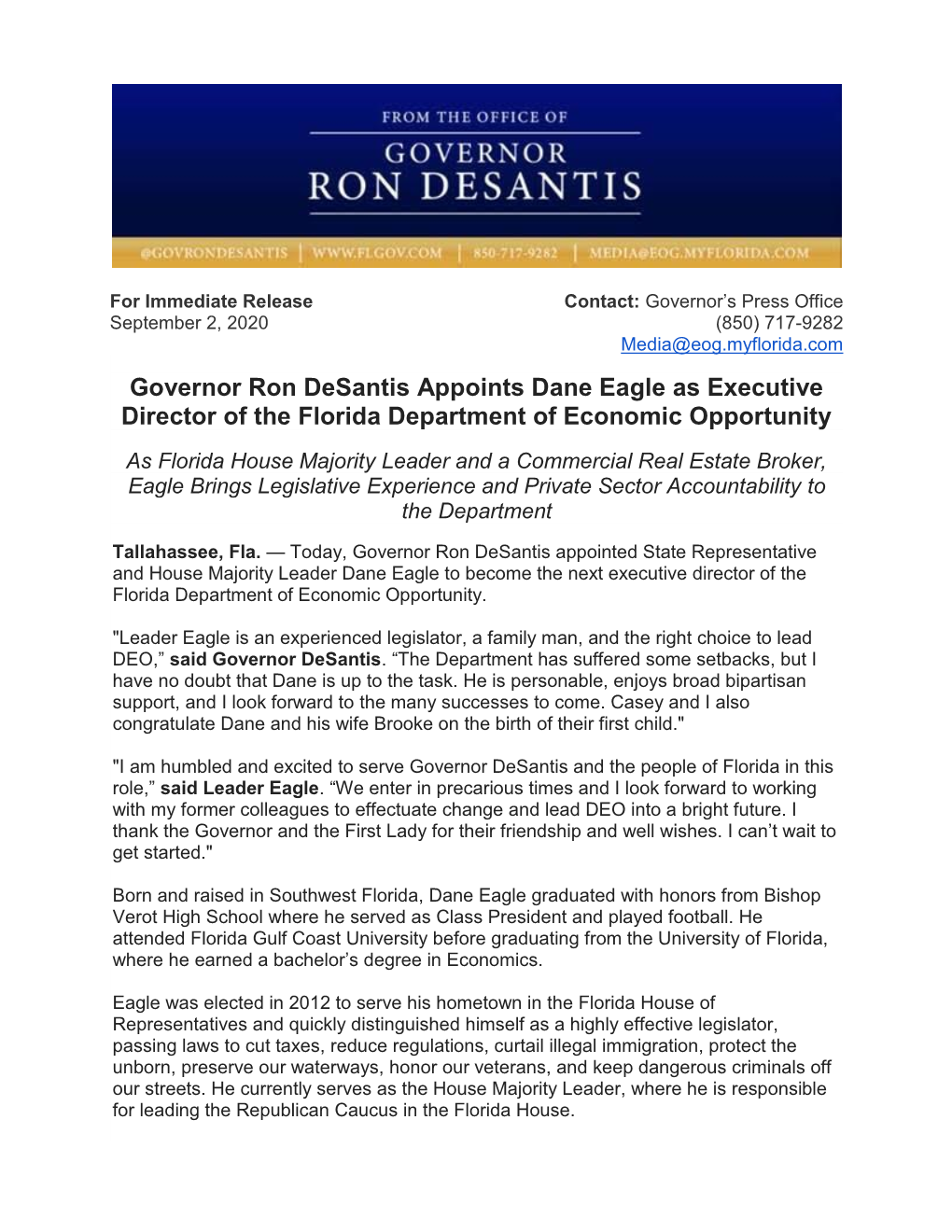 Governor Ron Desantis Appoints Dane Eagle As Executive Director of the Florida Department of Economic Opportunity