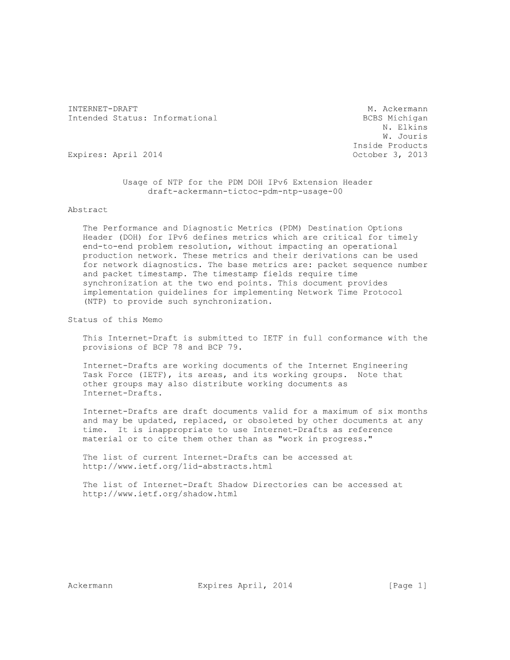 INTERNET-DRAFT M. Ackermann Intended Status: Informational BCBS Michigan N
