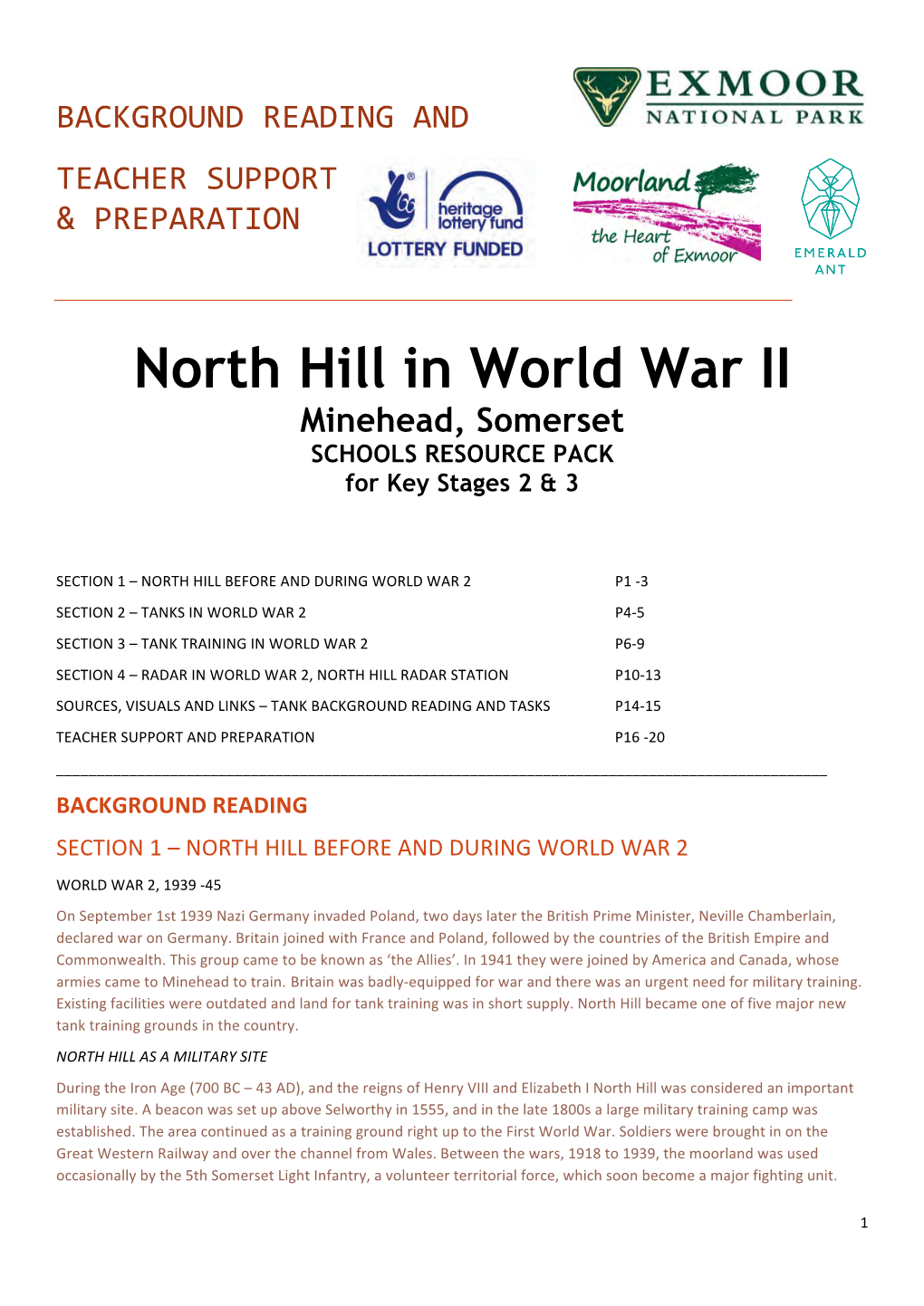 North Hill in World War II Minehead, Somerset SCHOOLS RESOURCE PACK for Key Stages 2 & 3