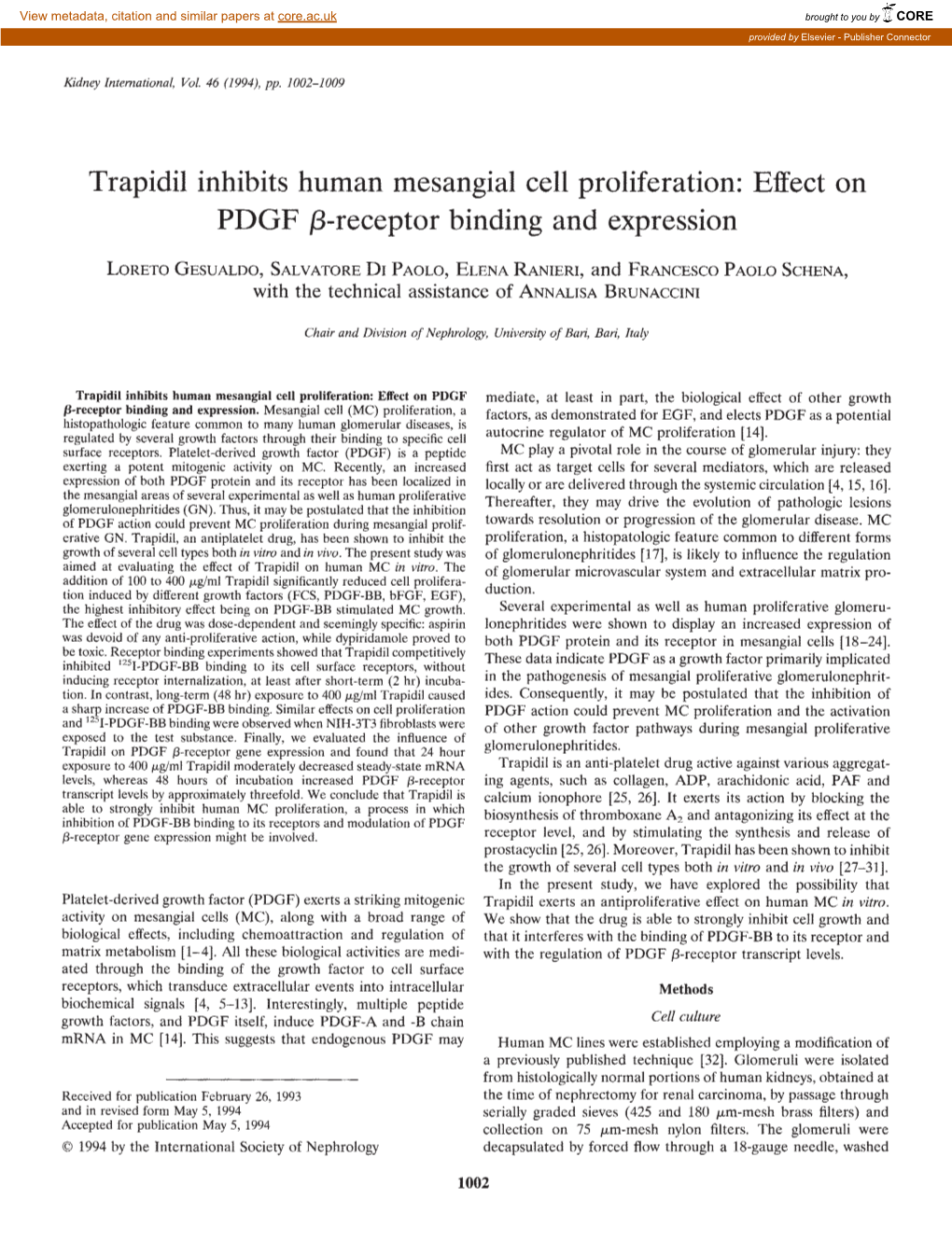 Trapidil Inhibits Human Mesangiai Cell Proliferation: Effect on PDGF Β