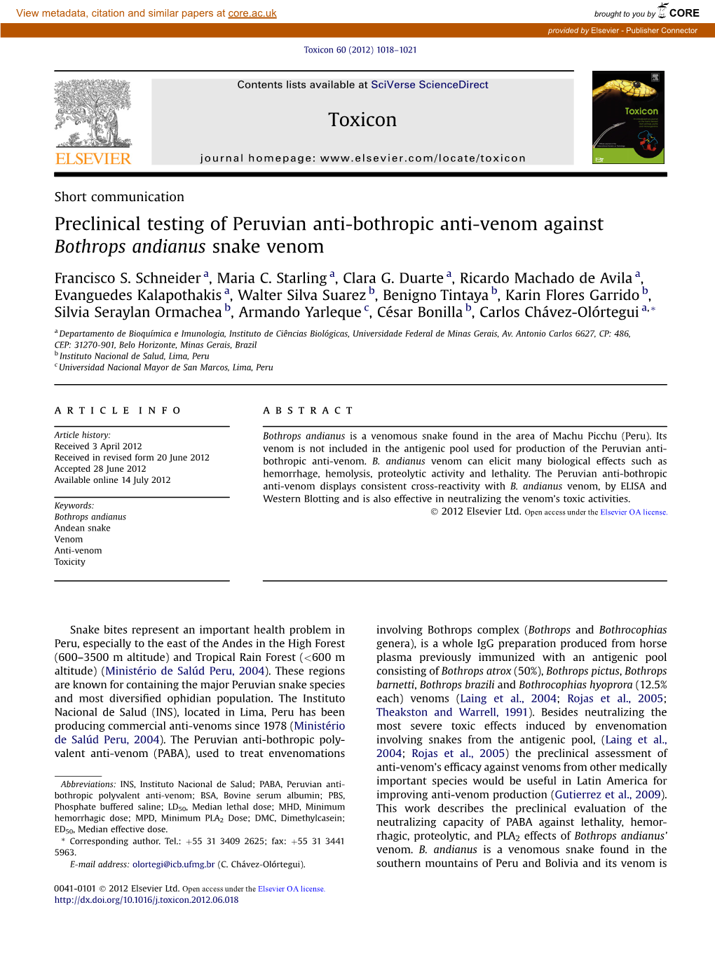 Preclinical Testing of Peruvian Anti-Bothropic Anti-Venom Against Bothrops Andianus Snake Venom