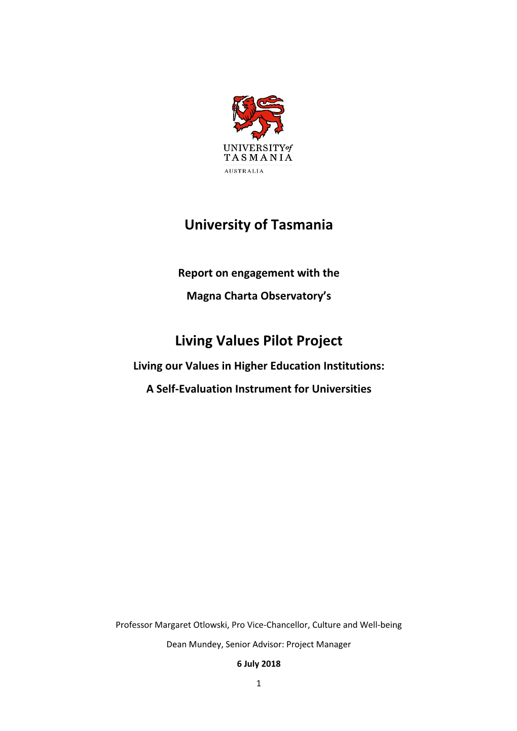 University of Tasmania Living Values Pilot Project