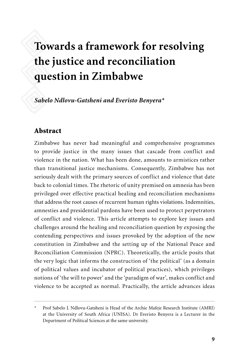 Towards a Framework for Resolving the Justice and Reconciliation Question in Zimbabwe