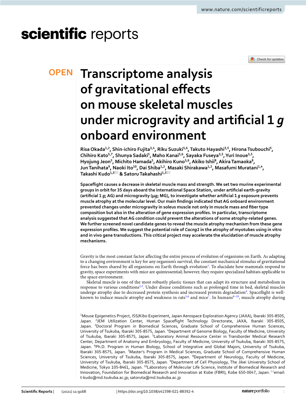 Transcriptome Analysis of Gravitational Effects on Mouse Skeletal Muscles Under Microgravity and Artificial 1 G Onboard Environm