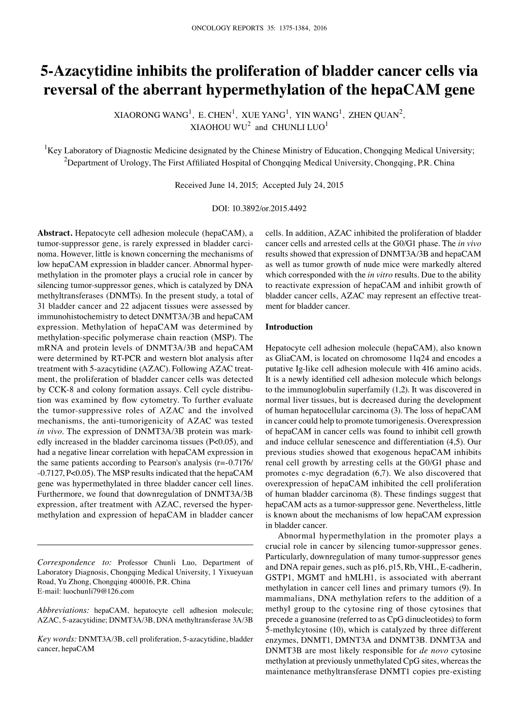 5-Azacytidine Inhibits the Proliferation of Bladder Cancer Cells Via Reversal of the Aberrant Hypermethylation of the Hepacam Gene