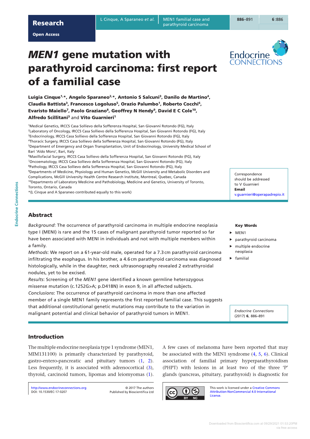 MEN1 Gene Mutation with Parathyroid Carcinoma: First Report of a Familial Case