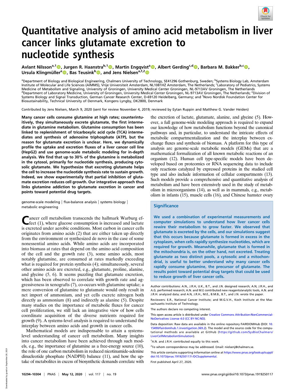 Quantitative Analysis of Amino Acid Metabolism in Liver Cancer Links Glutamate Excretion to Nucleotide Synthesis