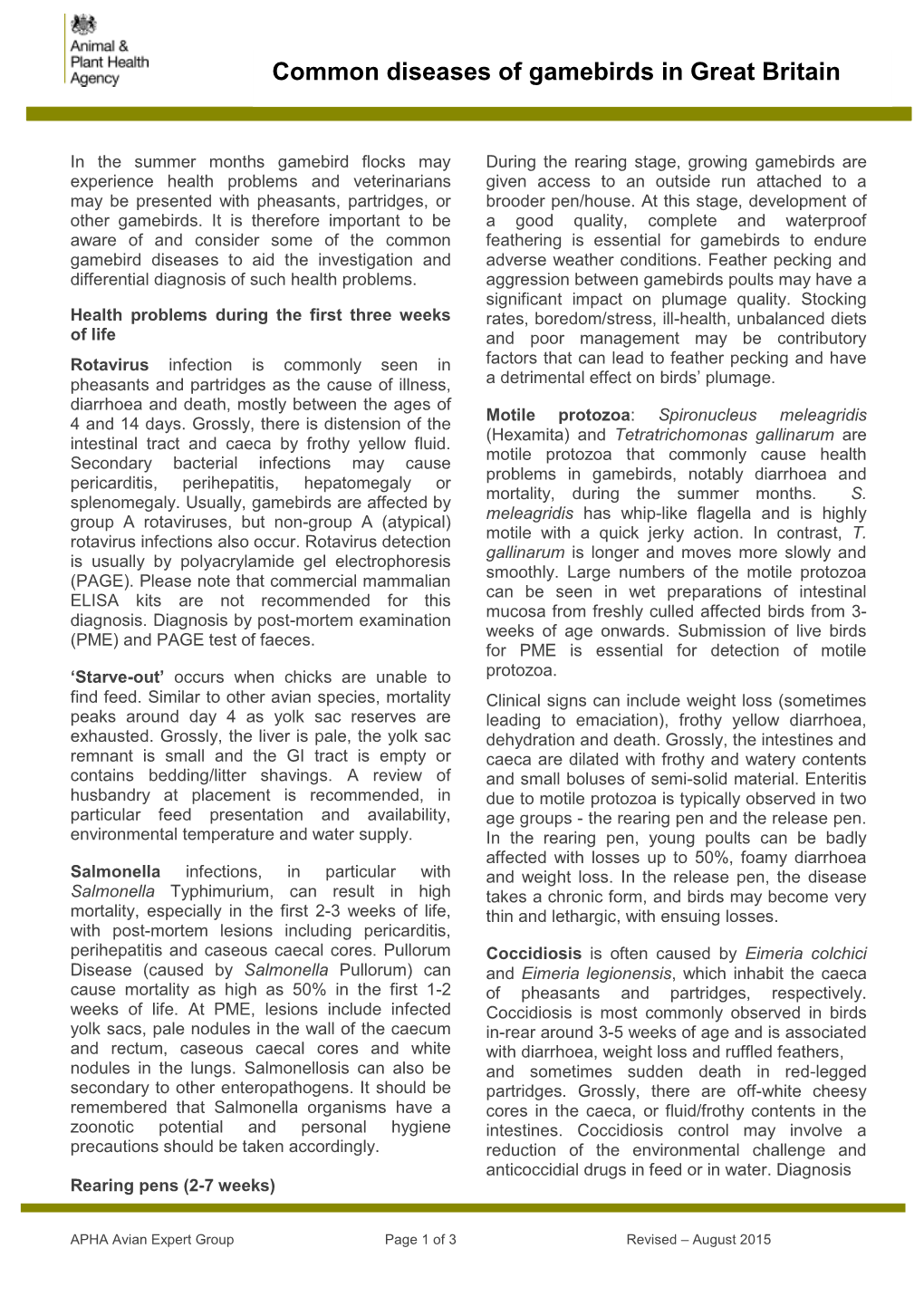 Common Diseases of Gamebirds in Great Britain