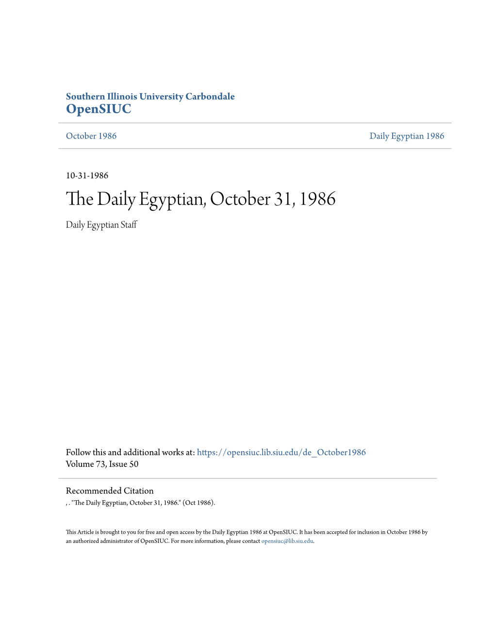 The Daily Egyptian, October 31, 1986