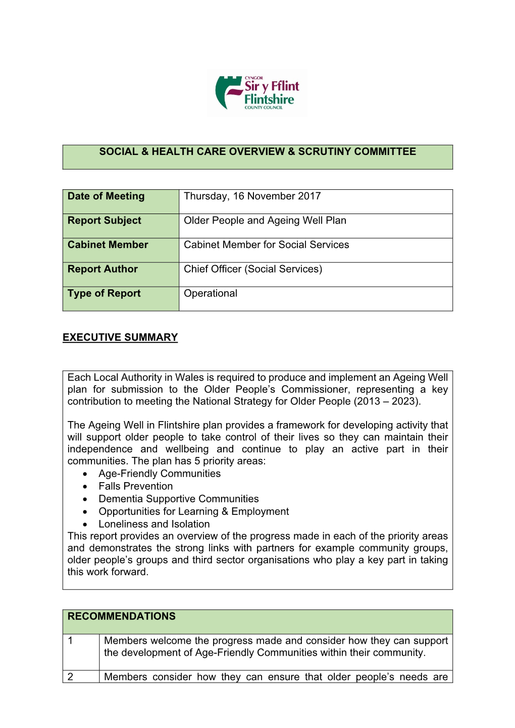 SOCIAL & HEALTH CARE OVERVIEW & SCRUTINY COMMITTEE Date of Meeting Thursday, 16 November 2017 Report Subject Older Peopl