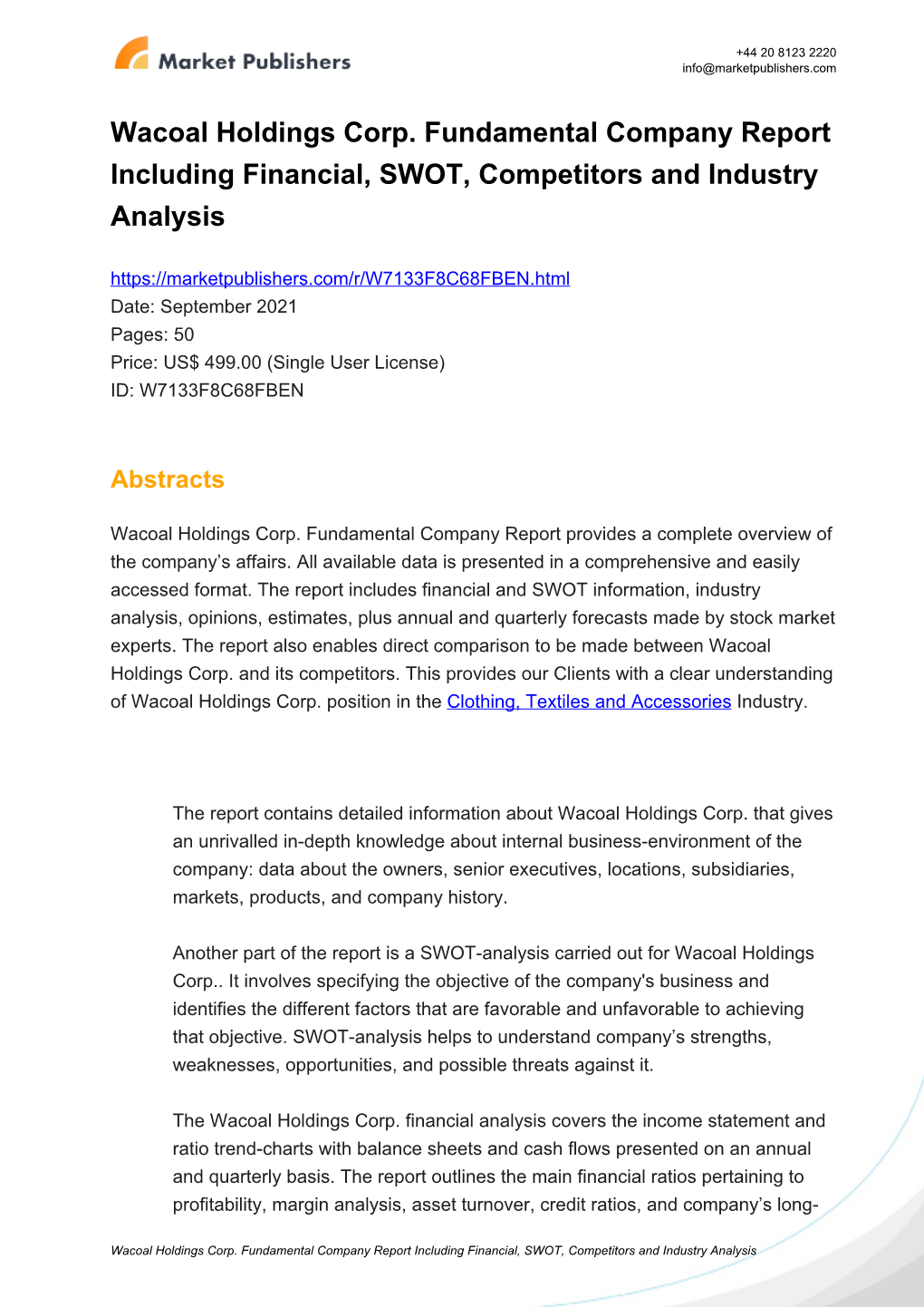 Wacoal Holdings Corp. Fundamental Company