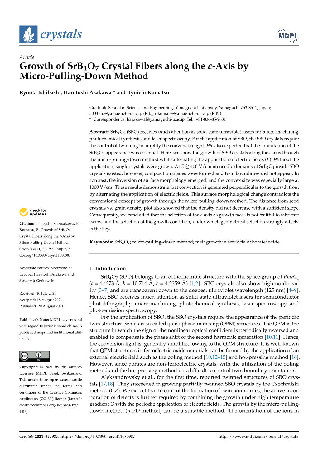 Growth of Srb4o7 Crystal Fibers Along the C-Axis by Micro-Pulling-Down Method